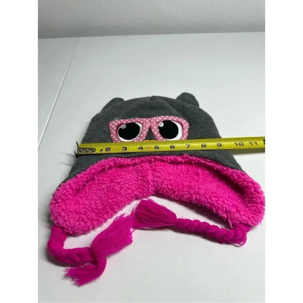 Girl Owl Beanie Hat Gray Pink Lined Fleece One Size